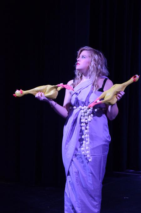 Tiffany Wade, senior English major, plays out a scene mocking the Greek tragedy 'Medea' from Lori Landon's one-act called 'The Least Offensive Play in the Whole Darn World.' - Photo by Jacob Moore
