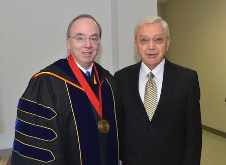 Long time friends David S. Dockery and Lloyd Hansen visit before the Commencement Service.  “My life has been blessed in ways that I have no claim to, and knowing Dr. Dockery is one of those blessings,” Hansen said.
 - Photo by Morris Abernathy
