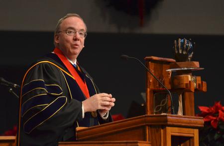 David S. Dockery greets Union Graduates, faculty, and family at the December Commencement for Union University.  Two hundred ninety-six Union graduates received their degrees at the ceremony, with Frank Page, president of the Southern Baptist Convention’s Executive Committee, delivering the commencement address.  - Photo by Morris Abernathy