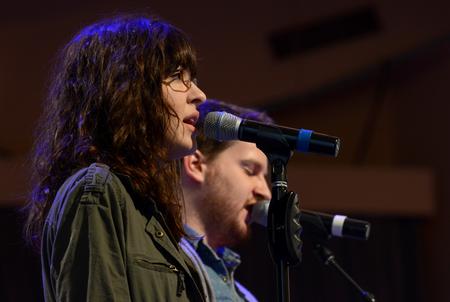 Abigail Ebensberger, junior Christian studies major, leads singing with TJ Hester, senior philosophy major, during the first chapel of the Spring semester.  - Photo by Jacob Moore