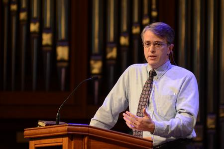 Michael Dean, Baptist chaplain at the Mass. Institute of Technology, speaks on his experiences ministering in the Boston area during chapel. - Photo by Jacob Moore