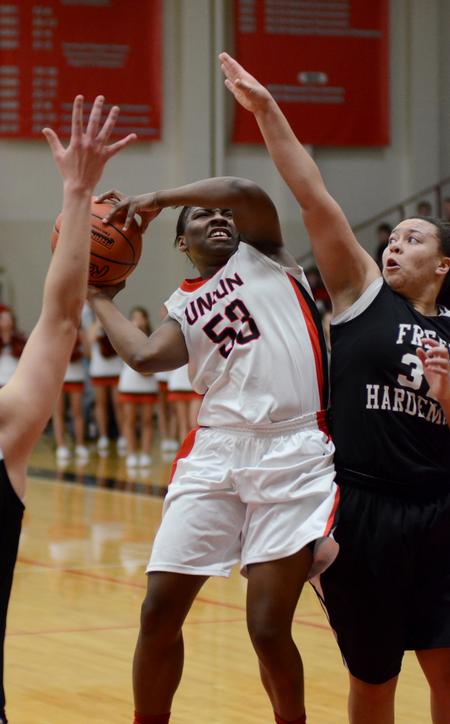 Photo by Jacob Moore
Lady Bulldog Lavanda Ross prepares to shoot against Freed Hardeman's Maria Bagwell during a game Feb. 11 at the Fred DeLay Gymnasium. - Photo by Jacob Moore