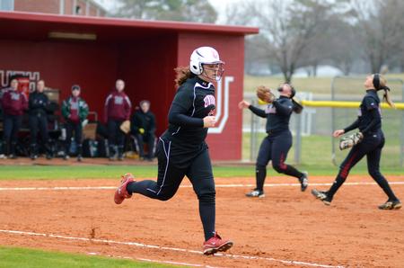 Shelby Lamb runs to first base during Union's season opener versus William Woods (Mo.).   - Photo by Anne Richoux