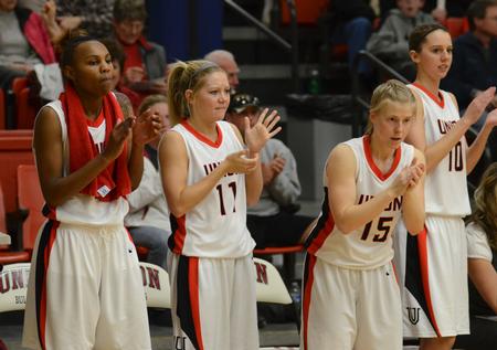 Photo by Jacob Moore
Lady Bulldogs Mrashi Karumba, Emily Sissom, Rebecca Sharpe and Paige Parker cheer on their fellow teammates during a home game Feb. 13 against Cumberland University. - Photo by Jacob Moore