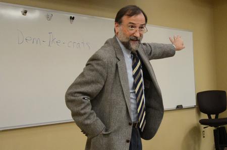 Hal Poe, Charles Colson Professor of Faith and Culture, speaks at the Town & Gown: Media, Politics, & Democracy lecture series in Providence Hall.  - Photo by Anne Richoux