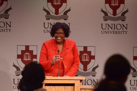 Sephira Bailey Shuttlesworth, keynote speaker and Civil Rights activist, addresses Union students and faculty, concerning her role during the Civil Rights Movement at the Fifth Annual Black History Month Program. - Photo by Zac Calvert
