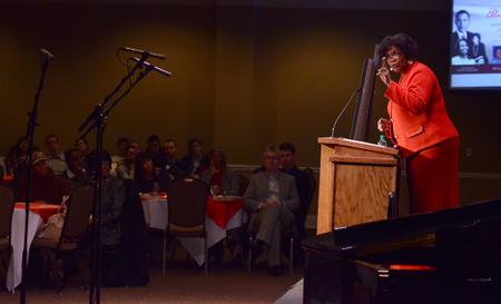 Sephira Bailey Shuttlesworth, keynote speaker and Civil Rights activist, addresses Union students and faculty, concerning her role during the Civil Rights Movement and her relationship with Rev. Fred Shuttlesworth, one of the big 3 Civil Rights activists along with Dr. Martin Luther King, Jr. and Ralph Abernathy. - Photo by Zac Calvert