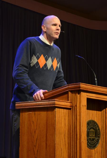 Fred Shackelford, pastor at Springhill Baptist Church in Paris, Tenn., speaks during chapel. - Photo by Jacob Moore