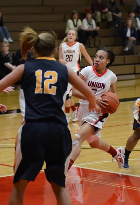 LaTesa McLaughlin drives toward the goal during a game against Blue Mountain College in the opening round of the TranSouth Athletic Conference Championship held at Union. - Photo by Jacob Moore