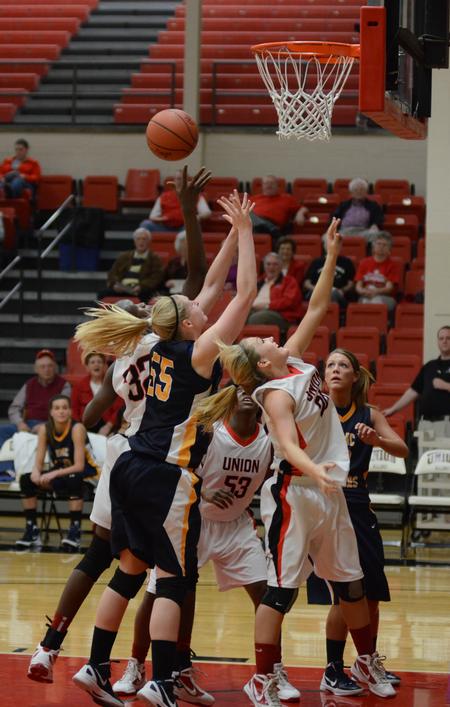 The Lady Bulldogs fight for the rebound against the Lady Toppers of Blue Mountain College during the opening round of the TranSouth Athletic Conference Championship. - Photo by Jacob Moore