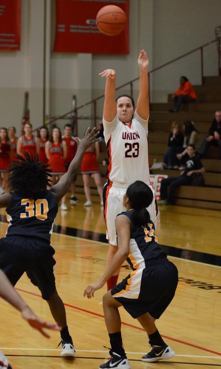 Astrid Huttemann shoots over her Blue Mountain College opponents. - Photo by Jacob Moore
