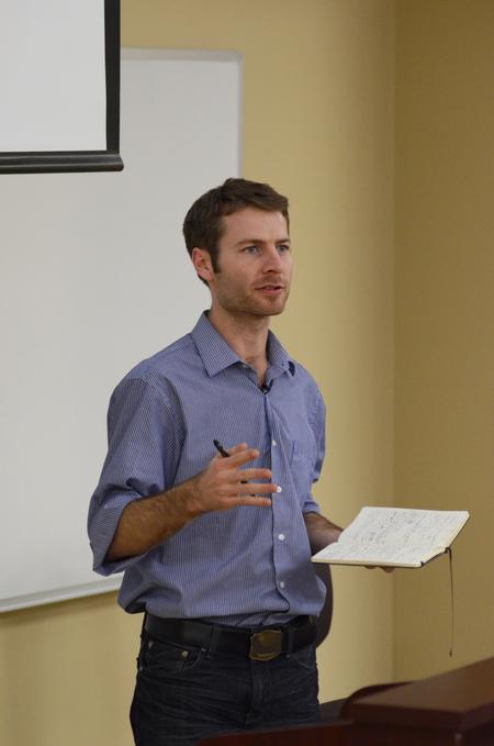 Garrett Hubbard, visual journalist for <em>USA TODAY</em>, speaks during Town & Gown: Media, Politics & Democracy, a lecture series sponsored by the Center for Media, Faith and Culture. - Photo by Jacob Moore