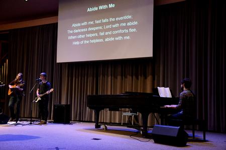 Students lead music during chapel prior to a message from Jim Thomas. - Photo by Anne Richoux