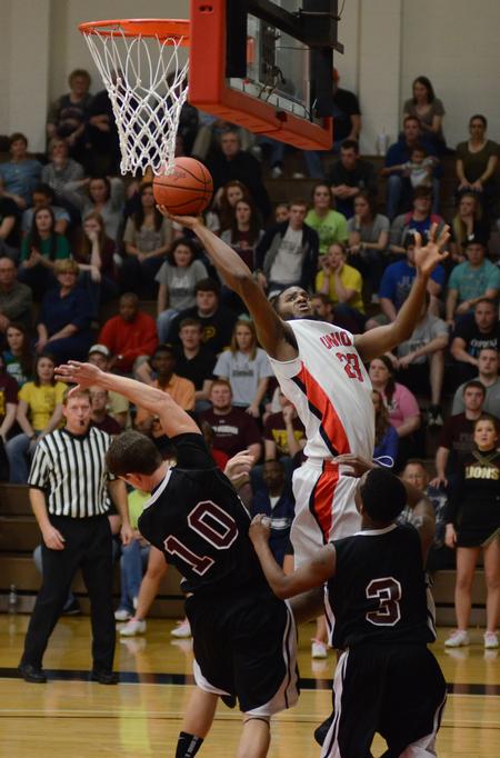 Antoine Hall goes up for a shot against Freed Hardeman University during the opening round of the TranSouth Athletic Conference Championship. - Photo by Jacob Moore