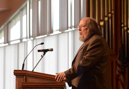 Terry Mattingly, director of the Washington Journalism Center, speaks during chapel about Christian music and the need for beauty and art in modern culture.
 - Photo by Jacob Moore