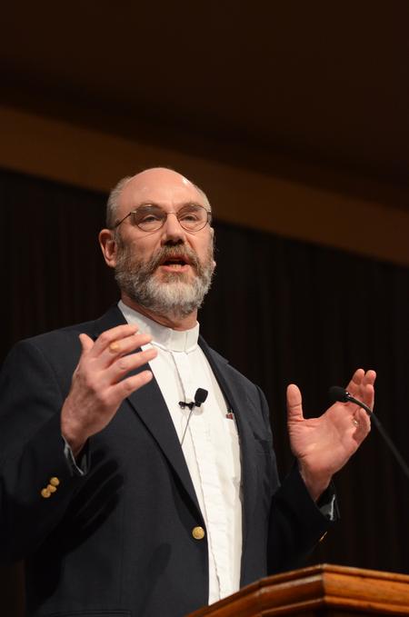 Peter Leithart, senior fellow of theology at New Saint Andrews College, speaks to Union students and employees about how the Lord's Supper is a model of how we should live in our everyday lives. - Photo by Zac Calvert