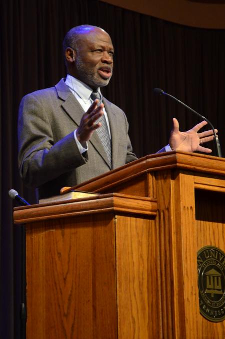 Tite Tienou, senior vice president of education and dean of Trinity Evangelical Divinity School in Deerfield, Illinois, speaks during the CultureFest chapel service. - Photo by Anne Richoux