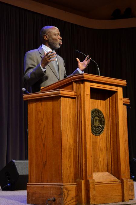 Tite Tienou, senior vice president of education and dean of Trinity Evangelical Divinity School in Deerfield, Illinois, speaks during the CultureFest chapel service. - Photo by Anne Richoux