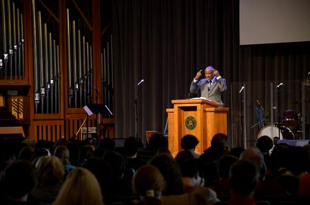 Tite Tienou, senior vice president of education and dean of Trinity Evangelical Divinity School in Deerfield, Illinois, speaks to students on the theme of "Trusting God in Troubled Times" during CultureFest.  - Photo by Anne Richoux