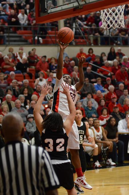Photo by Jacob Moore

Lady Bulldog Lavanda Ross goes up for a shot during the TranSouth tournament championship game against Freed Hardeman. - Photo by Jacob Moore