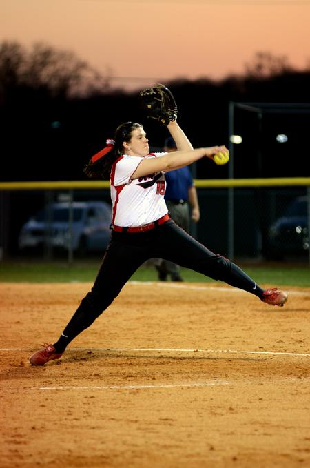 Kelly Robey pitches during a double-header against Freed-Hardeman Univerisity. The Lady Bulldogs won both games 2-0.  - Photo by Anne Richoux