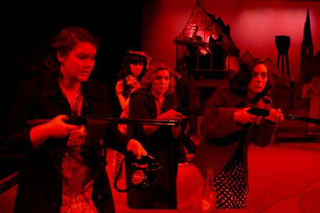 Union University Players Heather Nicholas, Katelynn Cordell, Savannah Trevelen and Allison Hearn perform a scene from Friedrich Dürrenmatt's <em>The Visit</em> in the W.D. Powell Theatre. - Photo by Jacob Moore