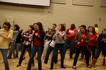 Students do the Cupid Shuffle during SGA's annual Holla Back Party, which is held to welcome students back for the Spring semester.  - Photo by Ebbie Davis