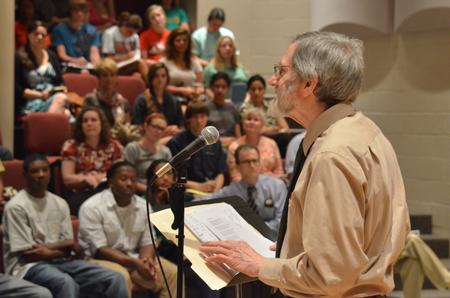      Carl Dennis professor of English and the writer-in-residence at the University at Buffalo reads some of his work to a full house at Union University.  - Photo by Morris Abernathy