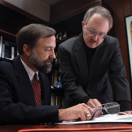 Hal Poe, Charles Colson Professor of Faith and Culture; and Jimmy Davis, Associate Provost and University Professor of Chemistry - Photo by Jim Veneman
