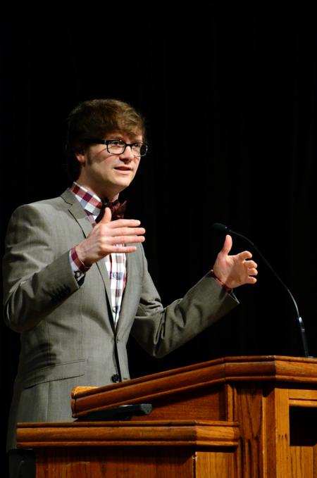 Greg Thornbury, dean of the school of theology and missions and vice president for spiritual life, introduces Frederica Mathewes-Green, the speaker for the Crabtree Family Life Series in chapel. - Photo by Anne Richoux