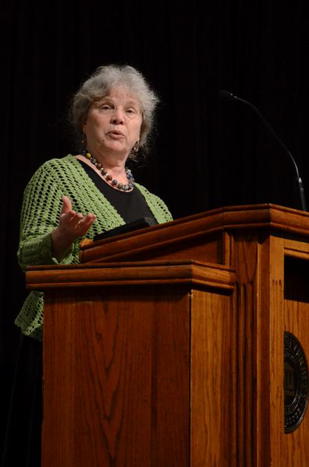 Frederica Mathewes-Green speaks in chapel for the Crabtree Family Life Series about a feminist pro-life stance. - Photo by Anne Richoux