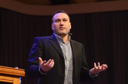 Andrew Hunt, filmmaker in New York, speaks in chapel about the importance of seeking Christ. - Photo by Zac Calvert
