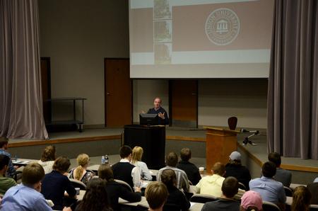 Students gather to hear David S. Dockery, president of the university, speak during a Student Senate meeting. - Photo by Anne Richoux
