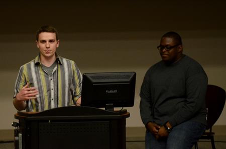 Caleb Valentine, freshman biblical studies and languages major, gives a campaign speech during a Student Senate meeting. - Photo by Anne Richoux