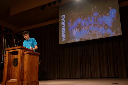 Jonathan Boyd, senior chemistry major, speaks during chapel about his G.O. trip to Honduras.  - Photo by Anne Richoux