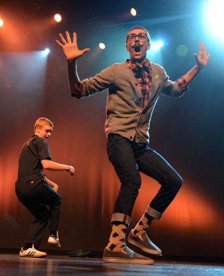 Grant Braden, sophomore broadcast journalism major, performs with Nick Fleming, freshman theatre/speech major, during the Lambda Chi Alpha performance at the 15th annual Variety Show. - Photo by Jacob Moore