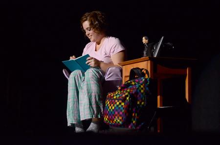Ashley Payton, sophomore social work major, performs as a love-sick college student with "The Hopeful Rascals" in the 15th Annual Variety Show. - Photo by Ebbie Davis