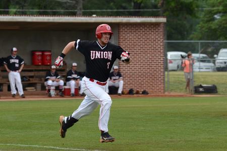 Doug Joyce runs to first base during the first round game of the TransSouth Conference Tournament against Cumberland University. - Photo by Jacob Moore