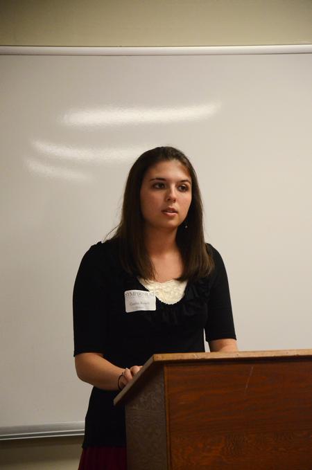 Caitlin Roach, senior history major, gives a presentation during the Ninth Annual Scholarship Symposium on Florence Kelley, an activist against child labor in early 20th century America.
 - Photo by Zac Calvert