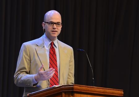 Matt McCullough, pastor of Trinity Church in Nashville, speaks during chapel on <em>What Not To Wear,</em> based from Hebrews 2:12-15. - Photo by Jacob Moore