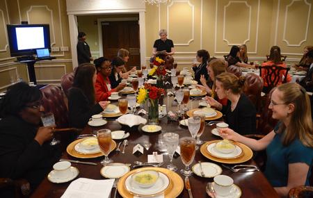 Participants enjoy the first course of a four-course meal served during the 2012 Etiquette Dinner, held at the Carl Grant Events Center. - Photo by Jacob Moore