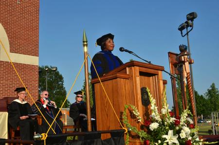 Carol M. Swain, professor of political science and law at Vanderbilt University, delivers the commencement address at spring graduation. - Photo by Morris Abernathy