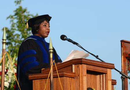 Carol M. Swain, professor of political science and law at Vanderbilt University, gives the commencement address at spring graduation. - Photo by Jacob Moore
