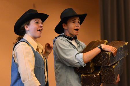 Theatre students practice their performance of the Spring children's play <em>The Saga of Pecos Bill (or How Comboyin' Really Got Started).</em> - Photo by Jacob Moore