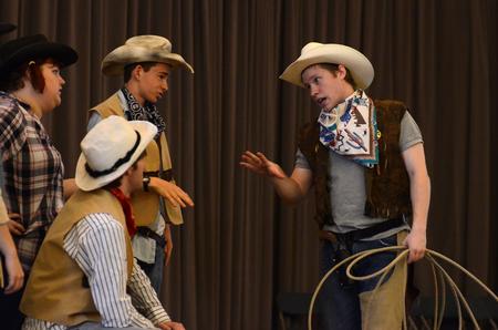 Students practice their performance of the Spring children's play <em>The Saga of Pecos Bill (or How Comboyin' Really Got Started).</em> - Photo by Jacob Moore