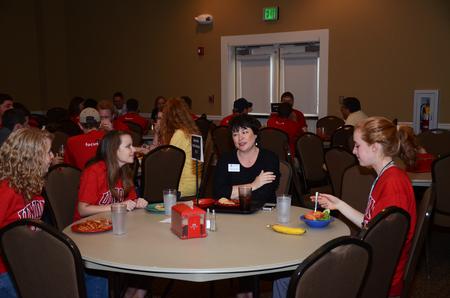 Ashley Blair, assistant professor of communication arts, talks with new students during Dinner with your Department in the Carl Grant Event Center. - Photo by Zac Calvert