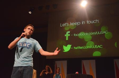SAC president Jeff Thompson, senior digital media studies major, wraps up the annual SAC game show with a short message to the new students about being involved at Union. - Photo by Zac Calvert