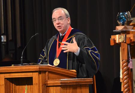 David S. Dockery, president of the university, addresses the university during Fall Convocation using Lottie Moon’s life as an example for how Christians should approach their responsibilities to live in a missional and kingdom-focused way. Moon died in 1912, so Dockery said the centennial of her death was a fitting occasion to look back upon her life and work as a missionary in China.


 - Photo by Morris Abernathy