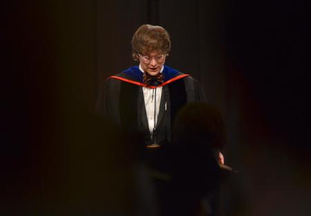 Greg Thornbury,vice president for spiritual life, leads in the reading of The Apostles Creed following Fall Convocation. - Photo by Morris Abernathy