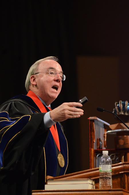 David S. Dockery, president of the university, speaks in Fall Convocation about the impact that Lottie Moon had and the life lessons that can be learned from her example. - Photo by Zac Calvert